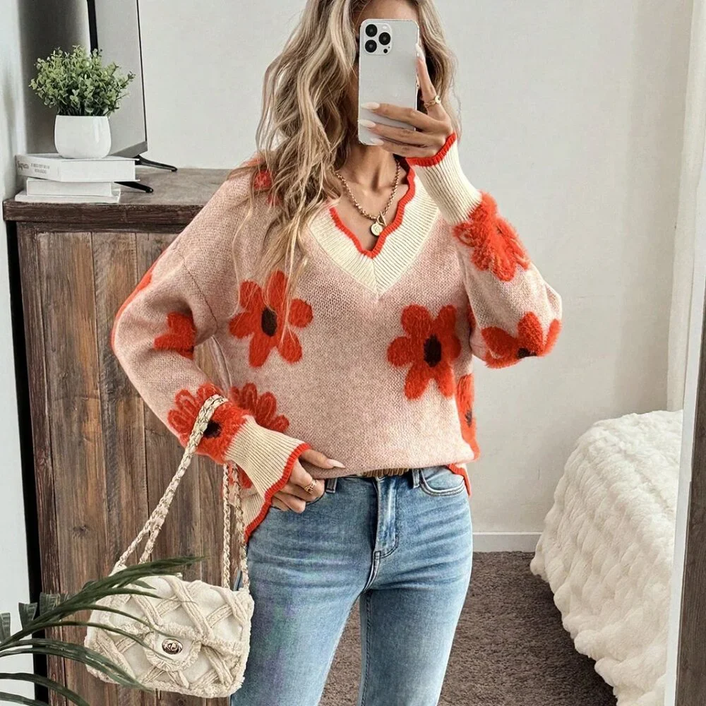 Multicolor Casual Women's 3d Floral & Cute Long Sleeve Warm Sweater - Picture 1 of 7